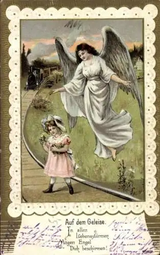 Präge Passepartout Ak Auf dem Geleise, Schutzengel, Mädchen m. Blumen, Eisenbahn