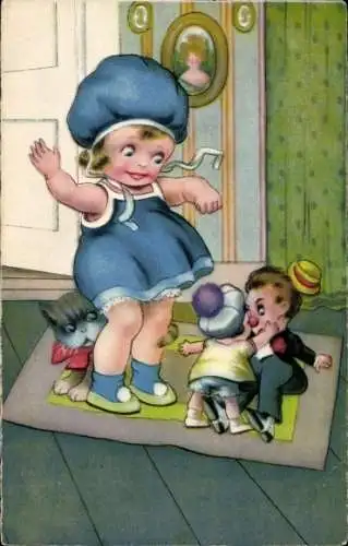 Künstler Ak Treffende Abwehr, Zwei Puppen kämpfen, Jubelndes Mädchen, Amag 0234