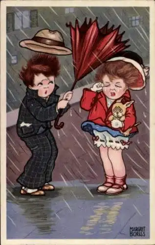 Künstler Ak Boriss, M., Stürmisches Wetter, Hund, Beschädigter Regenschirm, Amag 0333