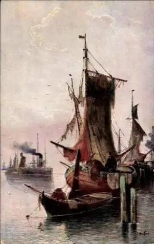 Künstler Ak Herford, Boote im Hafen, zerrissene Segel