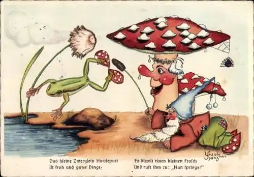 Künstler Ak Ursula Spenz, Das kleine Zwerglein Hutzleputz, Fliegenpilz, Frosch