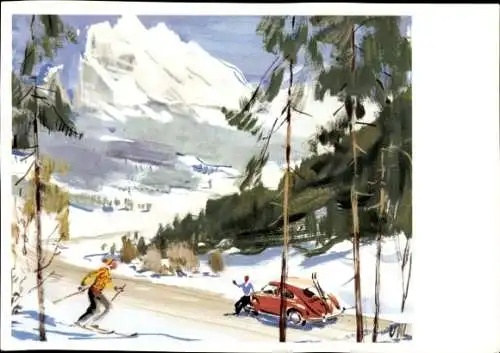Künstler Ak Victor Mundorff, Wintermotiv, Skifahrer, Auto