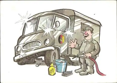 Künstler Ak Muzeniek, Peter, NVA, Nationale Volksarmee, Soldat wäscht LKW mit Radpanne