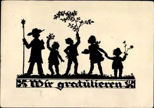 Scherenschnitt Ak Wir gratulieren, Gratulanten