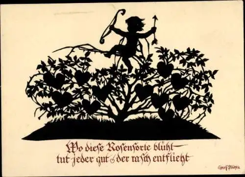 Scherenschnitt Künstler Ak Plischke, Georg, Wo diese Rosensorte blüht, Liebesengel, P 99
