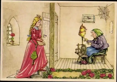 Künstler Ak Märchen, Dornröschen, Frau am Spinnrad