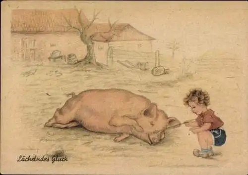 Künstler Ak Lächelndes Glück, Kind kitzelt ein Schwein mit einem Farn