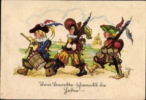 Künstler Ak Lauterborn, Liesel, Vom Barette schwankt die Feder, Jungen in Uniform, Bajonette