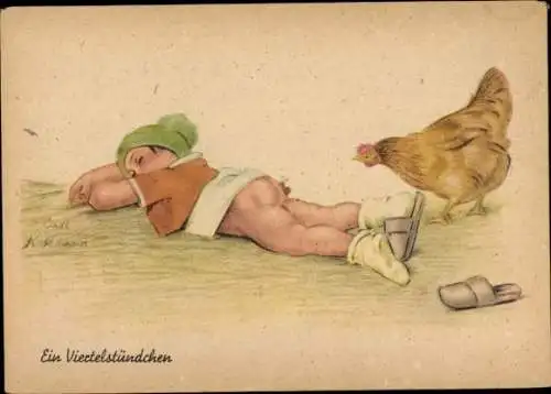 Künstler Ak Rosemann, Carl, Ein Viertelstündchen, Kind hält ein Schläfchen, Huhn