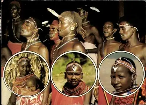 Ak Kenia, Bamburu, junge afrikanische Männer und Frauen, traditioneller Schmuck