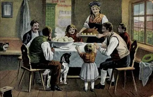 Ak Thürningen, Bauernstube, Trachten, Klöße, Hund