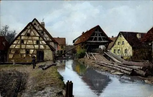 Ak Sägemühle, Fluss, Holzbalken, Photochromie Nenke und Ostermaier Nr. 1887