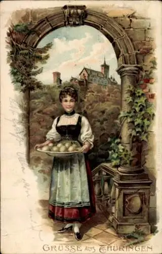 Präge Litho Grüße aus Bayern, Frau in Tracht, Klöße