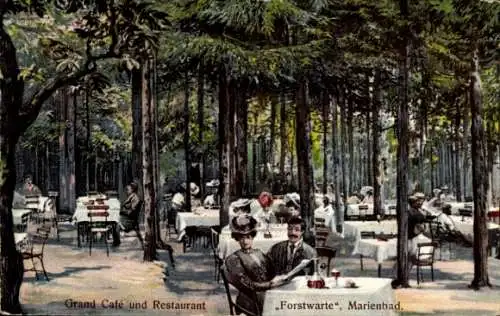 Ak Mariánské Lázně Marienbad Region Karlsbad, Grand Café, Restaurant, Natur, Gäste, Bäume, Auß...