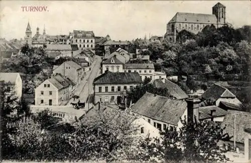 Ak Turnov Turnau Region Reichenberg, Historische Ansicht, Stadtansicht, Altstadt, Kirche, Bäume