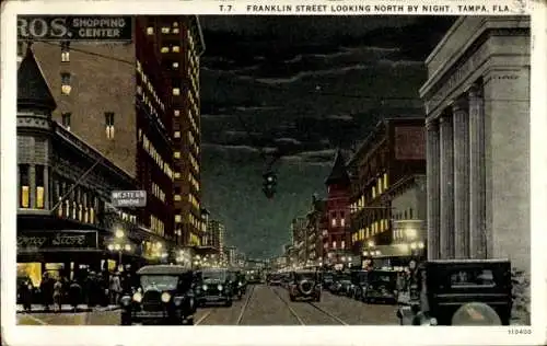 Ak Tampa Florida USA, Nachtansicht von Franklin Street, Autos, Läden, Beleuchtung