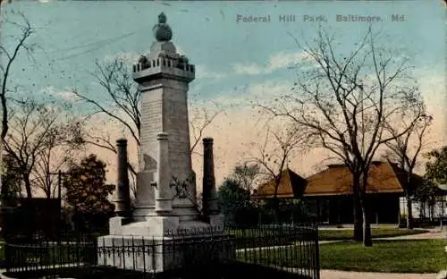 Ak Baltimore Maryland USA, Monument im Federal Hill Park, Bäume, Gartenhaus