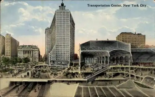 Ak New York City USA, Transportation Center, Hochhaus, Menschenmenge, Straßenbahnen, U-Bahn