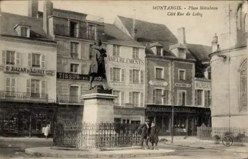 Ak Montargis Loiret, Platz Mirabeau, Statue, Geschäfte, Straßenszenen