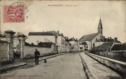 Ak Malesherbes Loiret, Straße mit Kirche, Hund, Mann, Häuser im Hintergrund