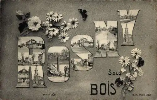 Buchstaben Ak Rosny sous Bois Seine Saint Denis, Fleurs, Église, Mairie, Gare