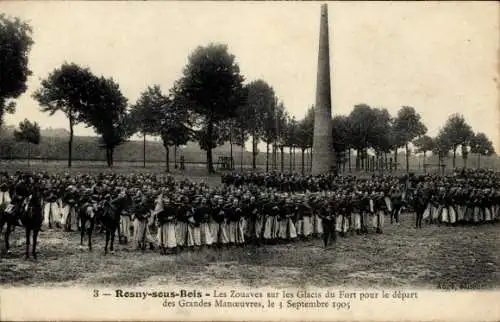 Ak Rosny sous Bois Seine Saint Denis, Les Zoaves sur les Glacis du Fort pour le depart, 3.9.1905