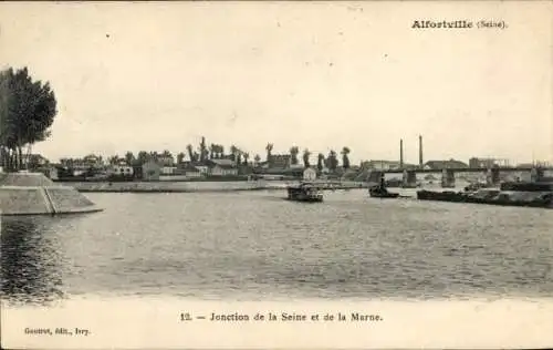 Ak Alfortville Val de Marne, Junktion der Seine und der Marne, Wasserfahrzeuge, Industrie, Bäume
