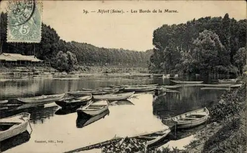 Ak Alfort Val de Marne, Flusslandschaft, Boote, Bäume, schwarz-weiß Bild