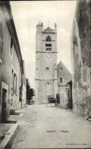 Ak Irancy Yonne, Kirchturm, Straße, schwarz-weiß, ländliche Architektur