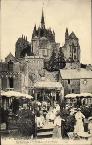 Ak Le Mont Saint Michel Manche, Le Terrasse V. Poulard, Abtei