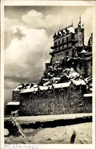 Ak Le Mont Saint Michel Manche, Schnee, Burg, Wolken, Festung, Mont St-Michel