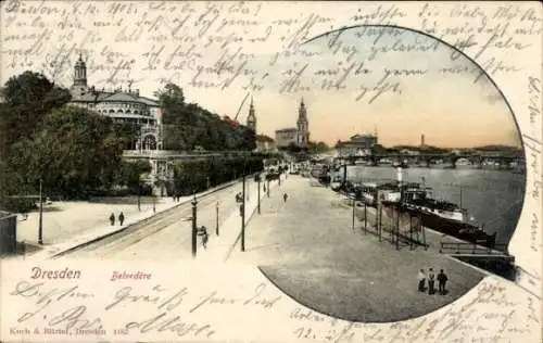Ak Dresden Altstadt, Belvedere, Flussufer mit Stege,  Gebäude, Menschen