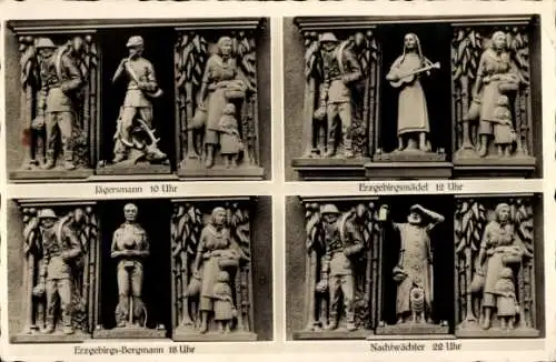 Ak Chemnitz in Sachsen, Jägersmann 10 Uhr, Erzgebirgsmädel 12 Uhr, Erzgebirgs-Bergmann 18 Uhr, Na
