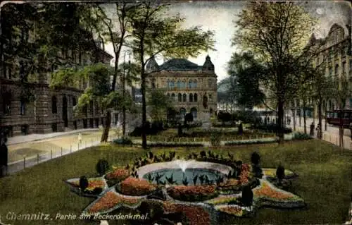 Ak Chemnitz in Sachsen,  Beckerdenkmal, Parkanlage,  Architektur, Blumenbeete