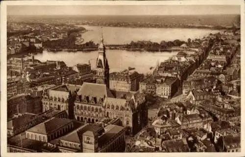 Ak Hamburg Mitte Altstadt, Luftaufnahme vom Hamburger Rathaus, Alster, Stadtansicht, sepia