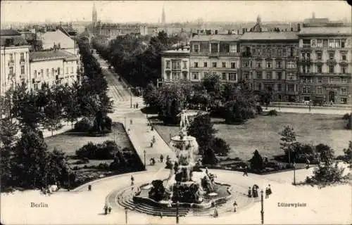 Ak Berlin Tiergarten, Lützowplatz, Brunnen, Bäume, Häuser, Menschen, schwarze und weiße Fotografi