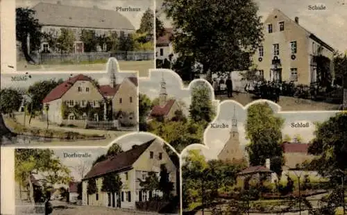 Ak Prietitz Elstra Oberlausitz, Schule, Pfarrhaus, Mühle, Dorfstraße, Kirche, Schloss