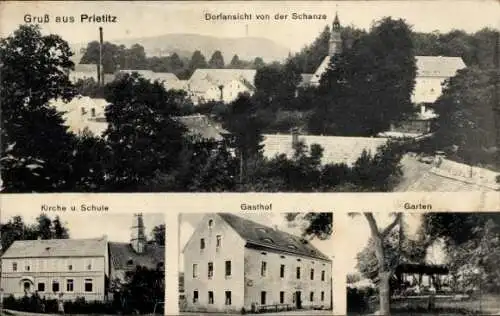 Ak Prietitz Elstra Oberlausitz, Schanze, Kirche, Schule, Gasthof, Garten