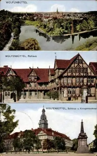 Ak Wolfenbüttel in Niedersachsen,  Rathaus, Schloss u. Kriegerdenkmal