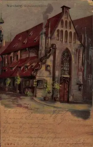 Ak Nürnberg in Mittelfranken, Bratwurstelöcklein,  Gebäude, Farbenfrohe Illumination