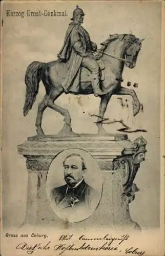 Ak Coburg in Oberfranken, Herzog Ernst-Denkmal, Statue eines Reiters, Portrait eines Mannes
