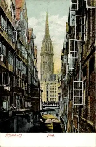 Ak Hamburg Mitte Altstadt,  Fleet, Kanal,  Gebäude, steinerne Brücke, Kirchturm