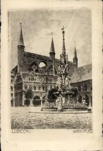 Ak Hansestadt Lübeck, Marktplatz, Lübecker Gebäude, Brunnen,  Architektur