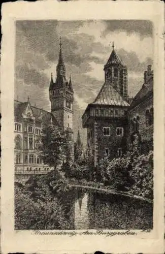 Ak Braunschweig in Niedersachsen, Stadtansicht, Burggraben,  Gebäude, Wasserweg, Türme