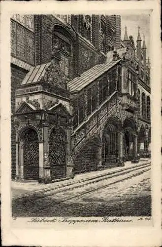 Ak Hansestadt Lübeck, Historisches Rathaus, Aufgang mit Treppe, Kupferstich, Detailreiche Archite