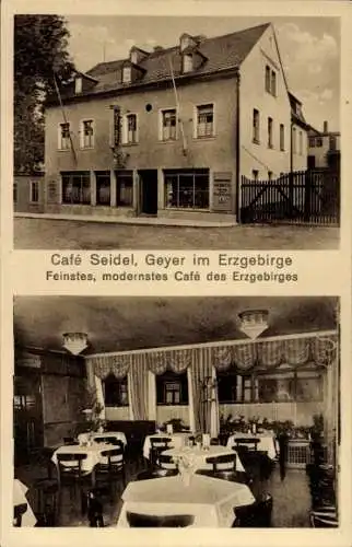 Ak Geyer im Erzgebirge Sachsen, Café Seidel, Gebäudeansicht, modernes Café, Gastronomie Innenansi
