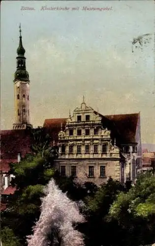 Ak Zittau in Sachsen, Klosterkirche, Museumgiebel, Ansicht von Gebäuden, Uhrturm