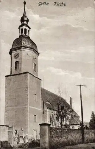 Ak Gröba Riesa an der Elbe, Ansicht der Kirche, Mauer, Turm, Grabsteine