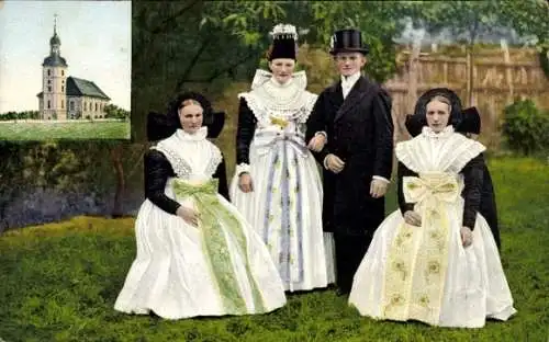 Ak Trachten der katholischen Wenden, Züchtfrauen, Braut, Bräutigam
