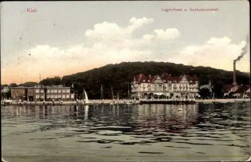 Ak Kiel, Logierhaus und Seebadeanstalt, Wasser, breite Uferpromenade, Bäume